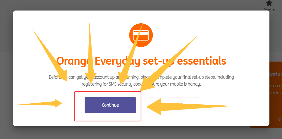 Orange Everyday set-up essentials 弹窗，点击 Continue