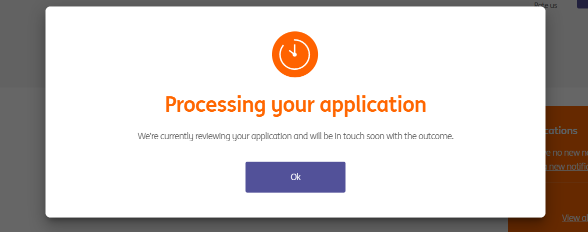Processing your application 提示弹窗